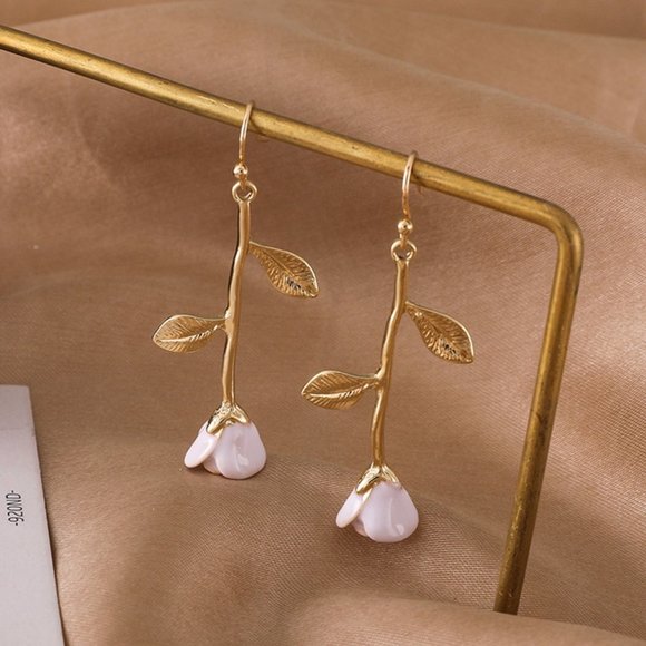 White Rose Stem Leaflet Drop Dangle Gold Earrings - Picture 4 of 8
